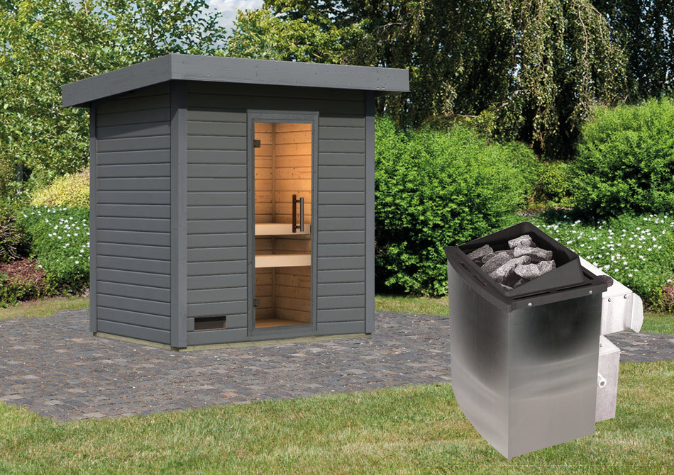 Karibu Saunahaus Caapi 2, terragrau, inkl. 9 kW Ofen integr. Steuerung, mit Klarglastür und Fußboden