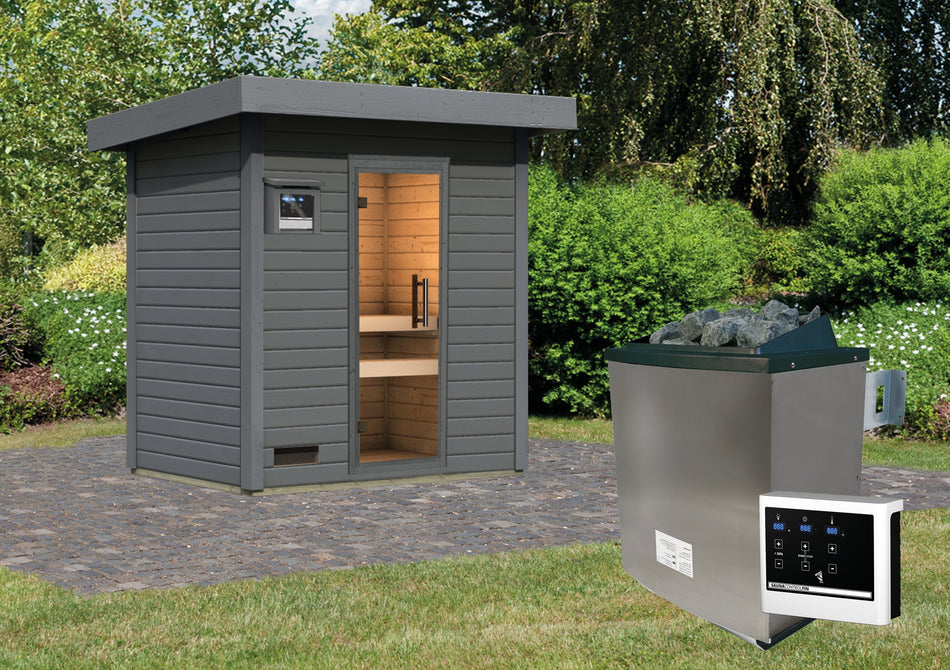 Karibu Saunahaus Caapi 2, terragrau, inkl. 9 kW Ofen finnisch ext. Steuerung, mit Klarglastür und Fußboden