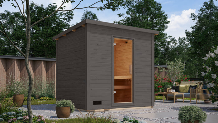 Karibu Saunahaus Caapi 4, terragrau, inkl. 9 kW Ofen finnisch ext. Steuerung, mit Klarglastür und Fußboden