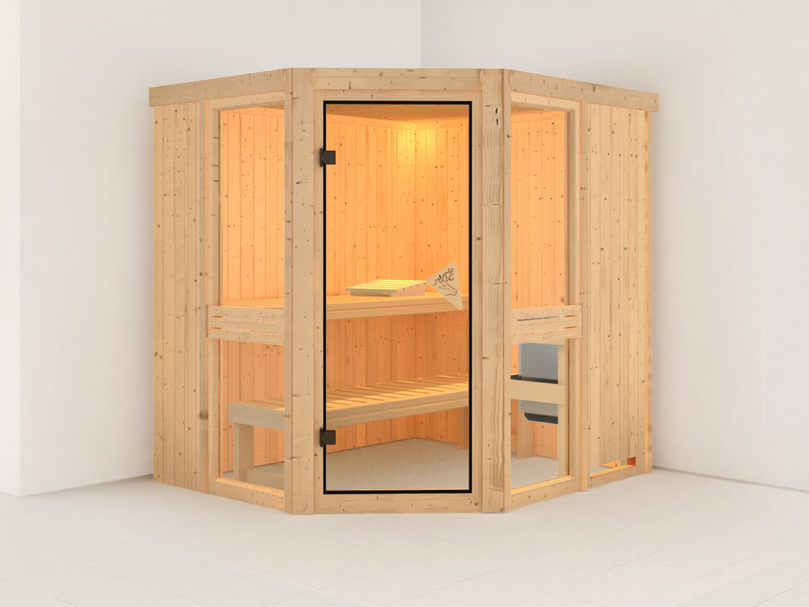 Amelia 1 - Karibu Sauna inkl. 9 kW Ofen ext. Steuerung Wifi HUUM - ohne Dachkranz -