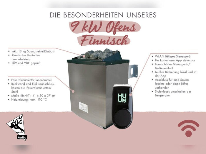 Amelia 1 - Karibu Sauna, inkl. 9 kW Ofen ext. Steuerung Wifi HUUM - mit Dachkranz -