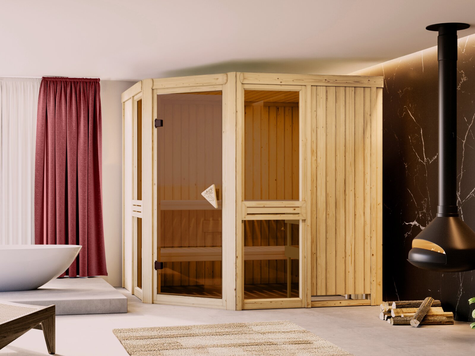 Amelia 2 - Karibu Sauna, inkl. 9 kW Ofen mit ext. Steuerung Wifi HUUM - ohne Dachkranz -