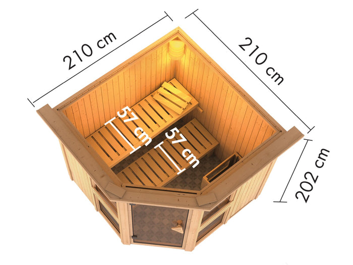 Amelia 2 - Karibu Sauna, inkl. 9 kW Ofen ext. Steuerung Wifi HUUM - mit Dachkranz -