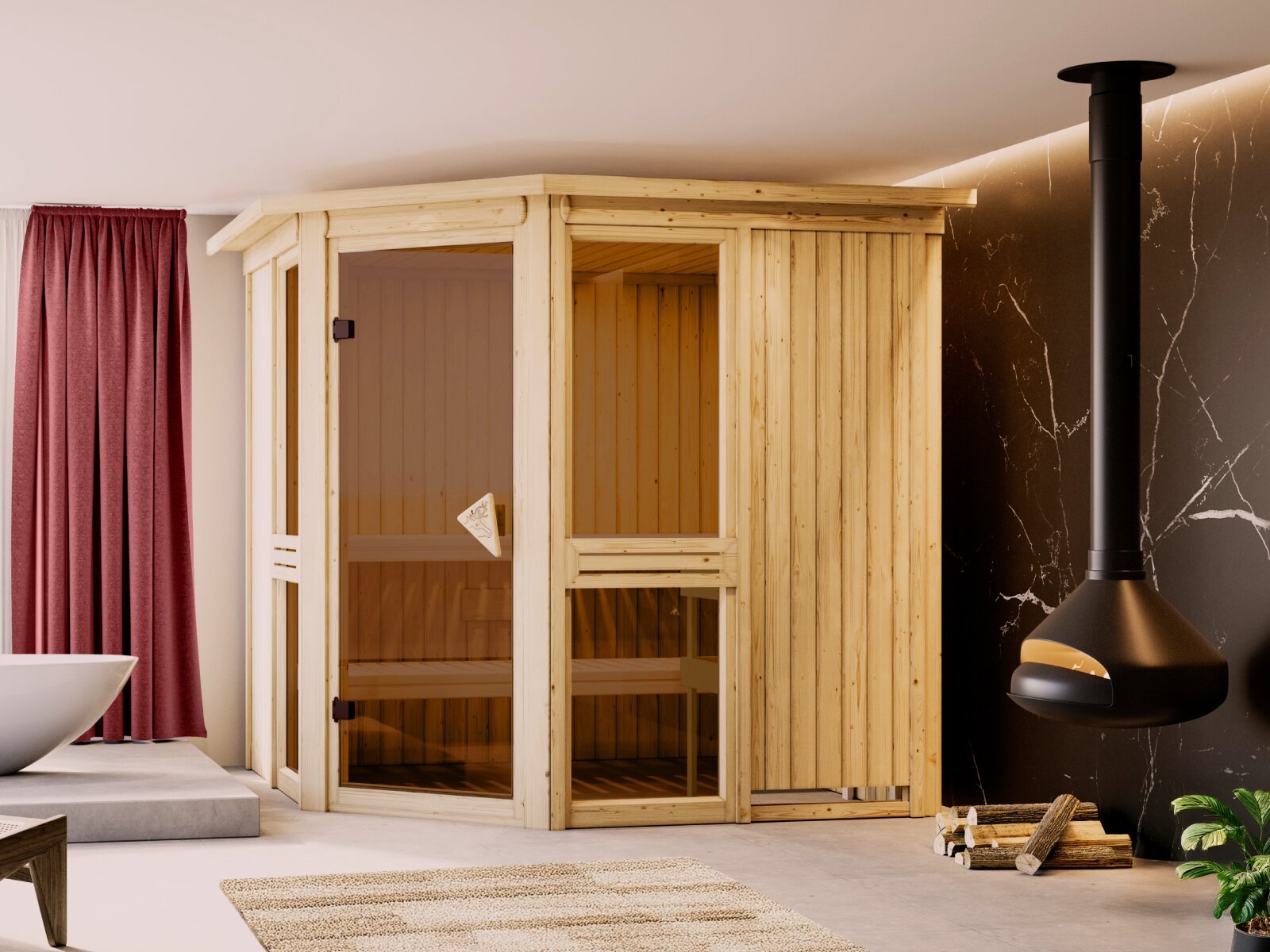 Amelia 2 - Karibu Sauna, inkl. 9 kW Bioofen ext. Steuerung Wifi HUUM - mit Dachkranz -