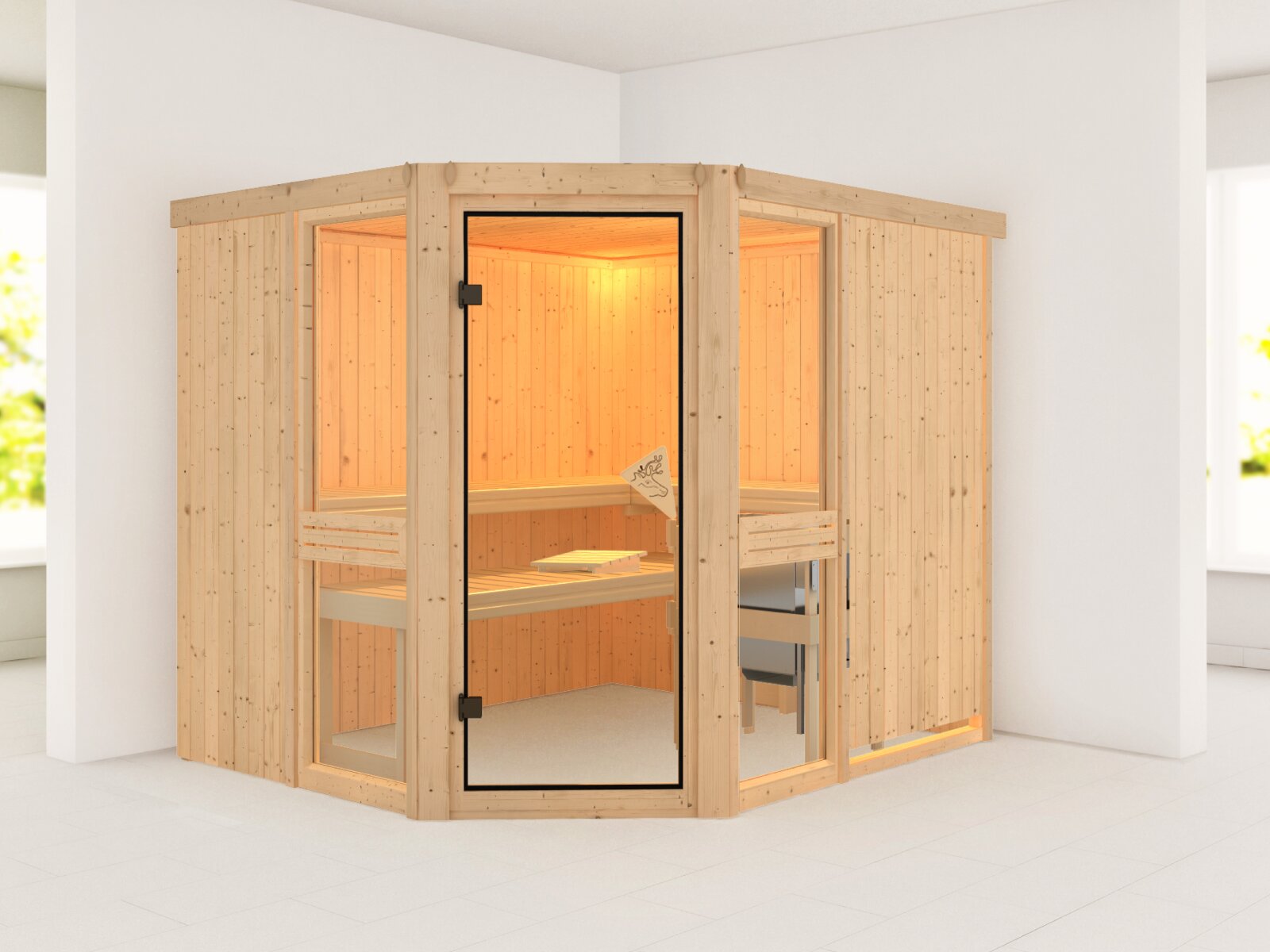 Amelia 3 - Karibu Sauna inkl. 9 kW Ofen ext. Steuerung Wifi HUUM - ohne Dachkranz -