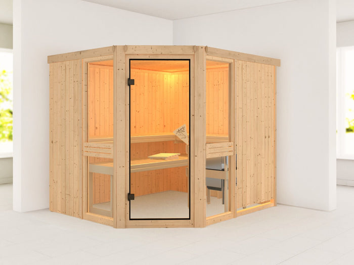 Amelia 3 - Karibu Sauna inkl. 9 kW Ofen ext. Steuerung Wifi HUUM - ohne Dachkranz -