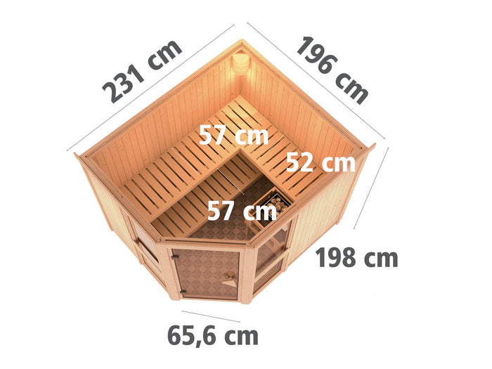 Amelia 3 - Karibu Sauna inkl. 9 kW Ofen ext. Steuerung Wifi HUUM - ohne Dachkranz -