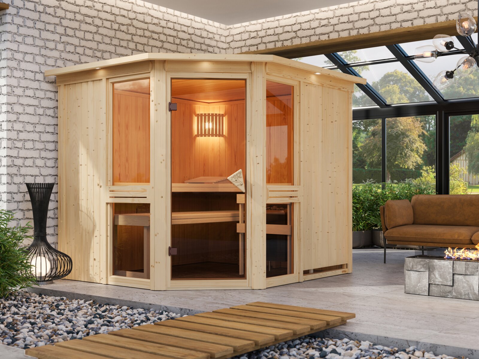 Amelia 3 - Karibu Sauna inkl. 9 kW Bioofen ext. Steuerung Wifi HUUM - mit Dachkranz -