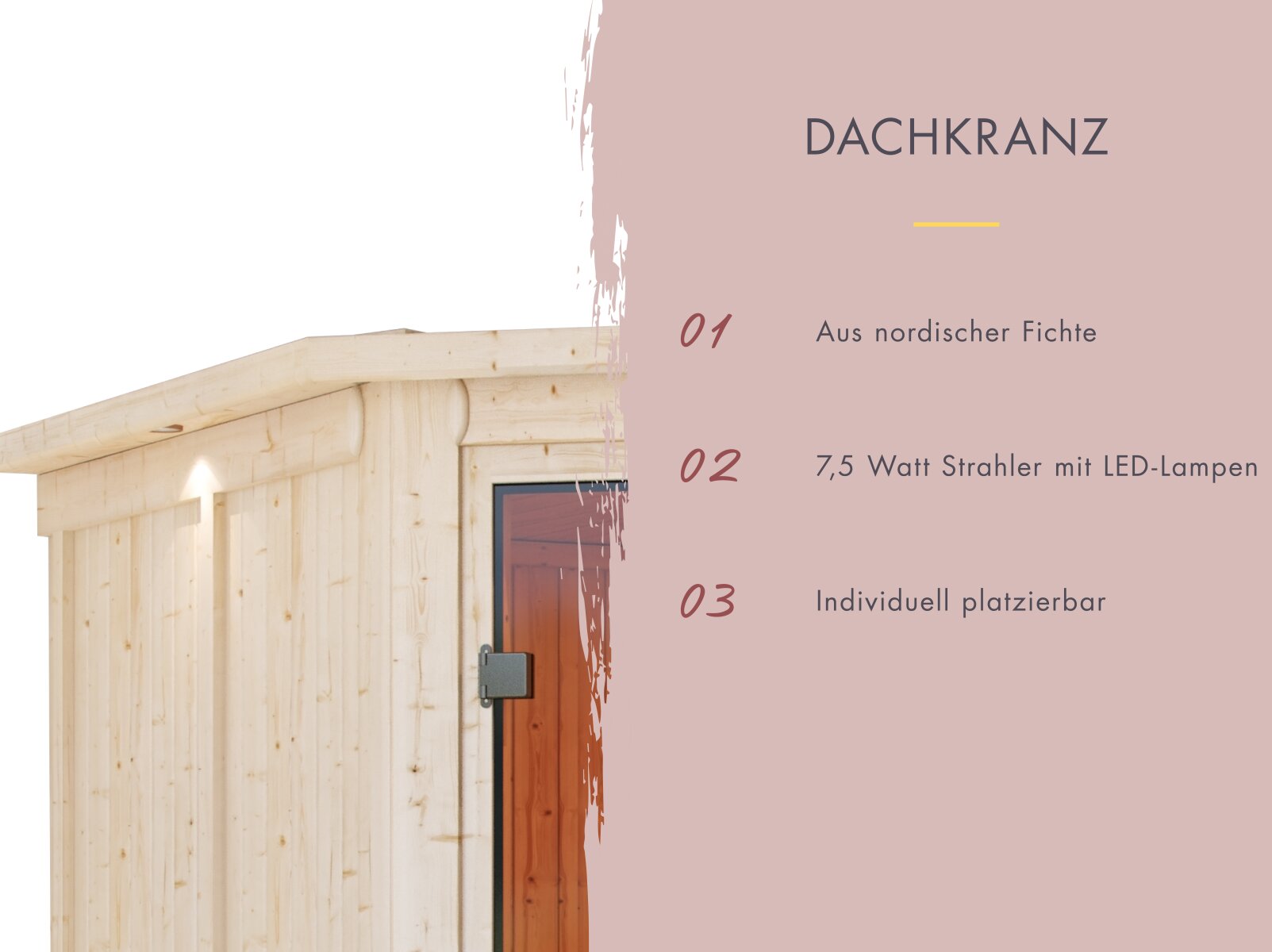 Amelia 3 - Karibu Sauna inkl. 9 kW Bioofen ext. Steuerung Wifi HUUM - mit Dachkranz -