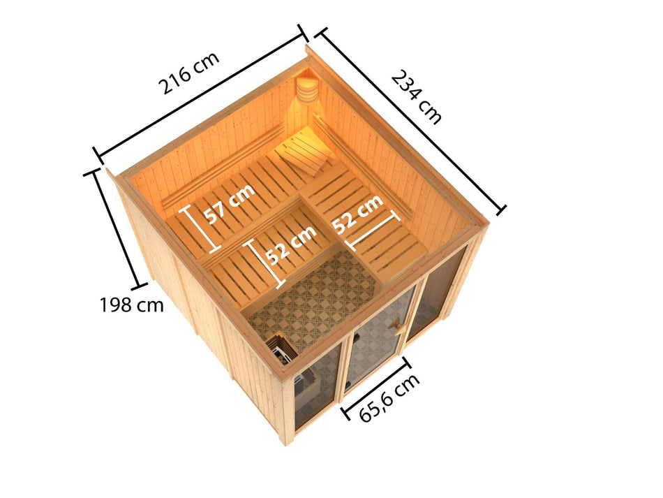 Karibu Sauna Askja 68 mm, inkl. 9 kW Ofen ext. Steuerung Wifi HUUM - ohne Dachkranz -