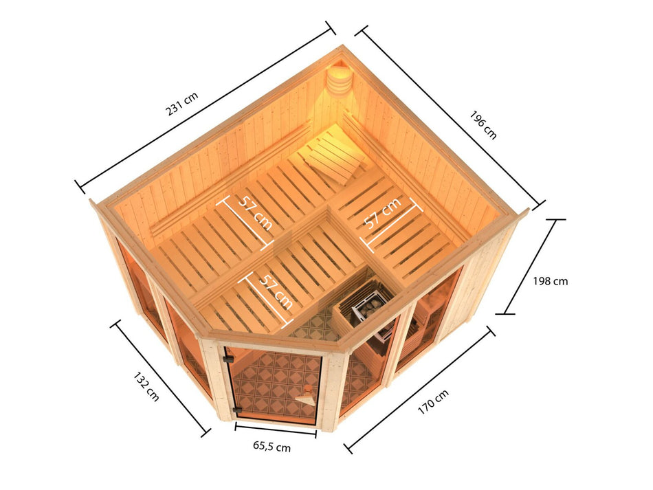 Karibu Sauna Ainur 3, 68 mm, inkl. 9 kW Bioofen ext. Steuerung Wifi HUUM - ohne Dachkranz -
