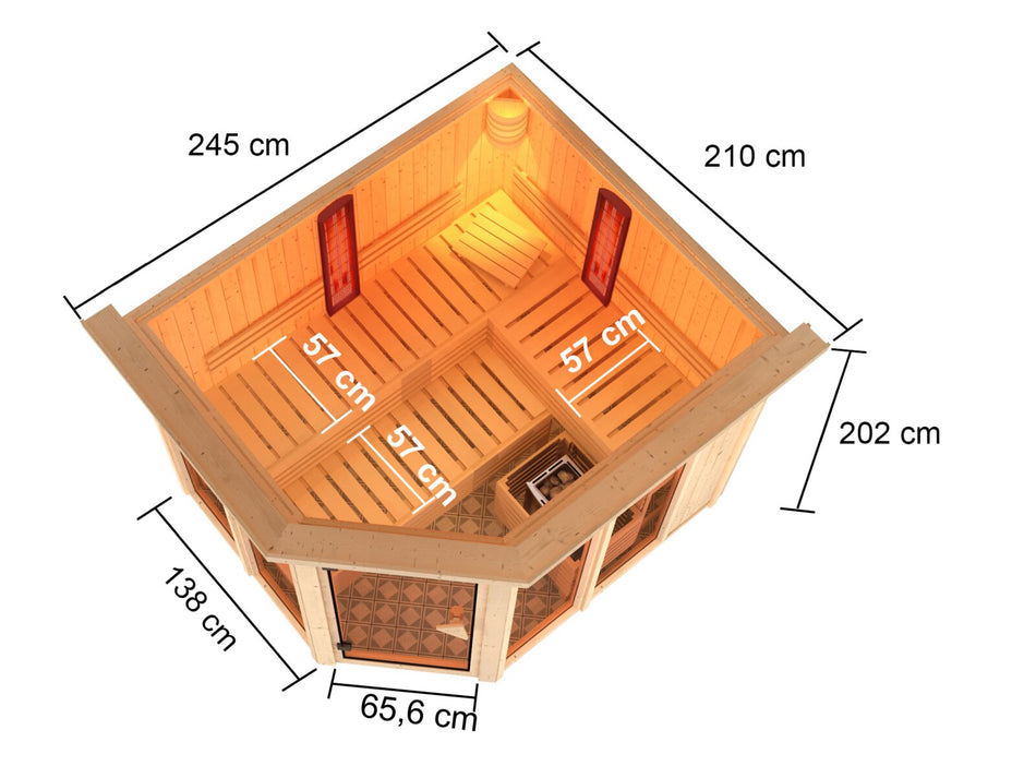 Karibu Multifunktions-Sauna Ava, inkl. 9 kW Ofen ext. Steuerung Wifi HUUM und Infrarothstrahler - mit Dachkranz -