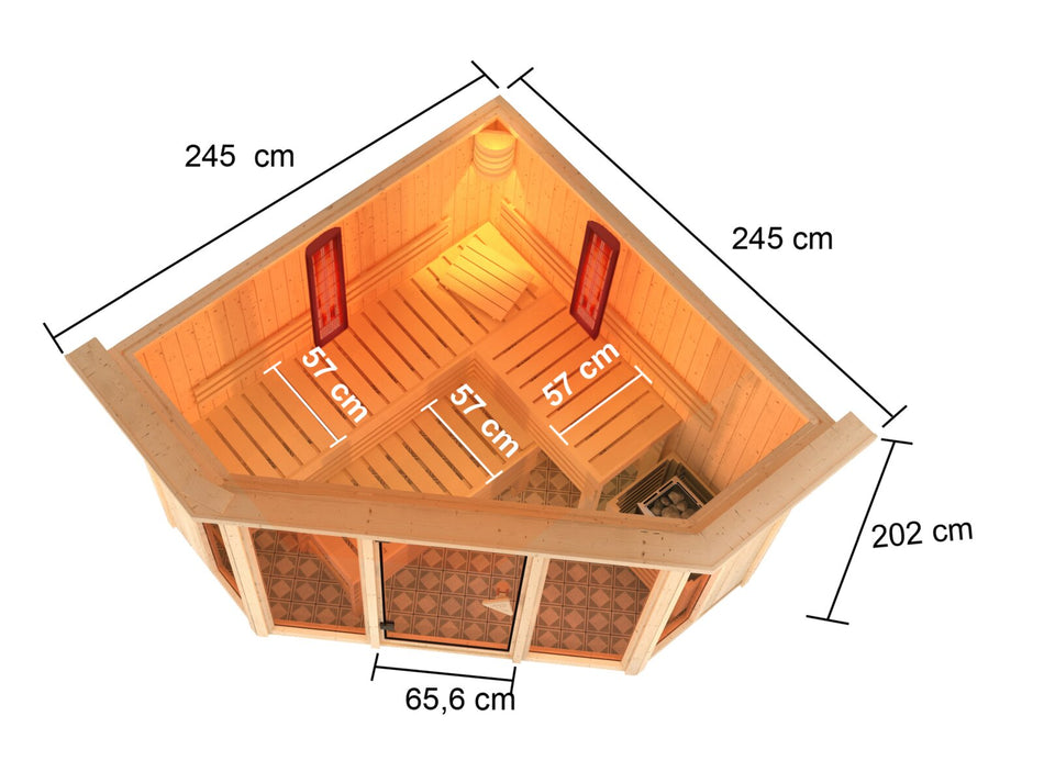Karibu Multifunktions-Sauna Asta, inkl 9 kW Bioofen ext. Steuerung Wifi HUUM und Infrarotstrahler - mit Dachkranz -