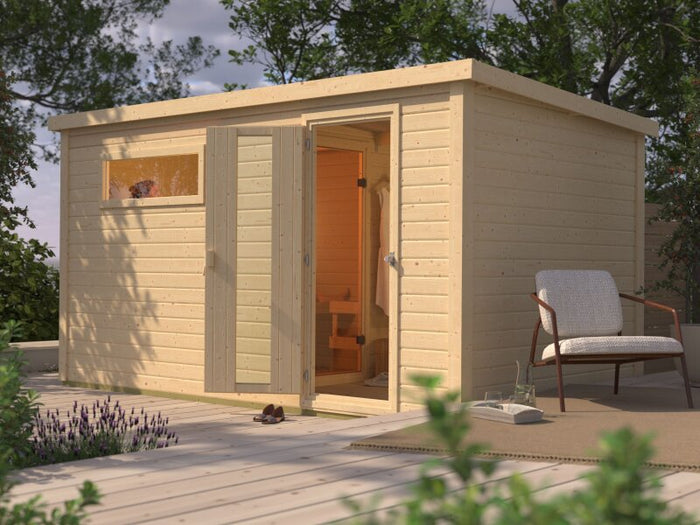 Karibu Saunahaus Hytti 6, inkl. 9 kW Ofen ext. Steuerung HUUM - mit Iso-Tür, Naturbelassen