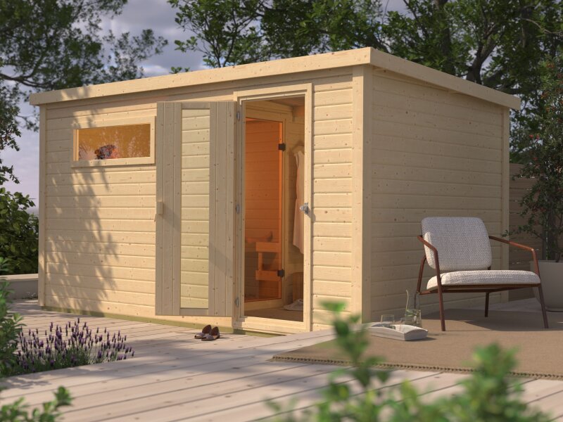 Karibu Saunahaus Hytti 6, inkl. 9 kW Bioofen ext. Steuerung HUUM - mit Iso-Tür, Naturbelassen