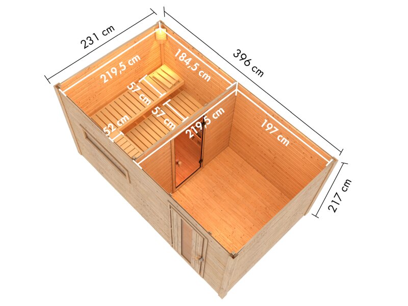 Karibu Saunahaus Hytti 6, inkl. 9 kW Bioofen ext. Steuerung HUUM - mit Iso-Tür, Naturbelassen