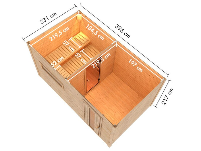 Karibu Saunahaus Hytti 6, inkl. 9 kW Bioofen ext. Steuerung HUUM - mit Iso-Tür, Naturbelassen
