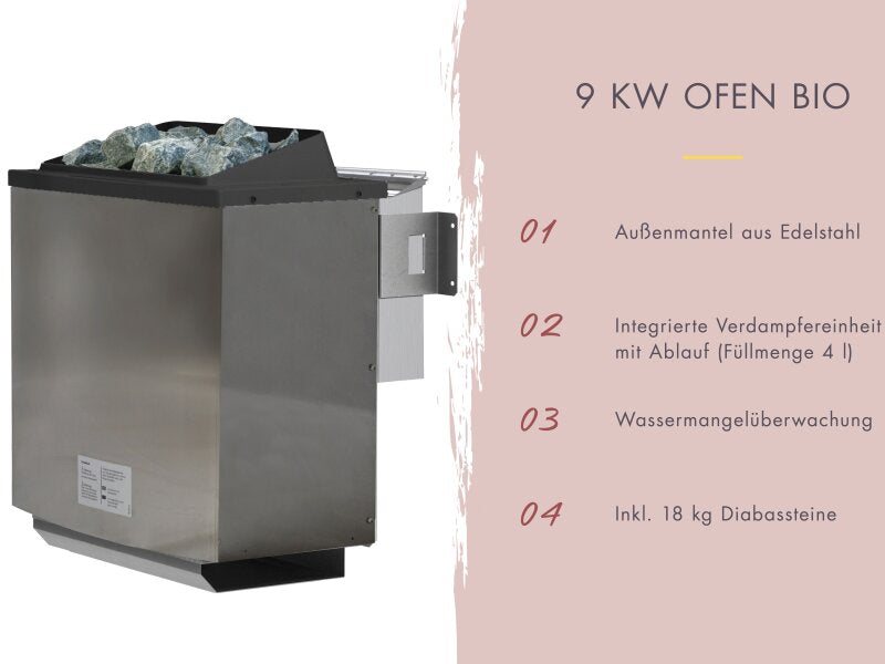 Karibu Saunahaus Hytti 6, inkl. 9 kW Bioofen ext. Steuerung HUUM - mit Iso-Tür, Naturbelassen