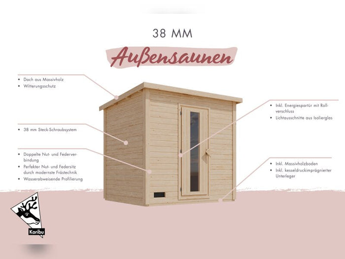 Karibu Saunahaus Hytti 6, inkl. 9 kW Bioofen ext. Steuerung HUUM - mit Iso-Tür, Naturbelassen