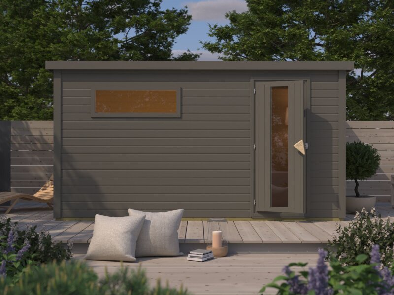 Karibu Saunahaus Hytti 6, inkl. 9 kW Ofen ext. Steuerung HUUM -mit Iso-Tür- Terragrau