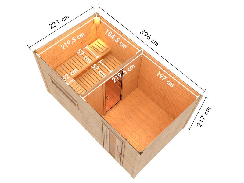 Karibu Saunahaus Hytti 6, inkl. 9 kW Ofen ext. Steuerung HUUM -mit Iso-Tür- Terragrau