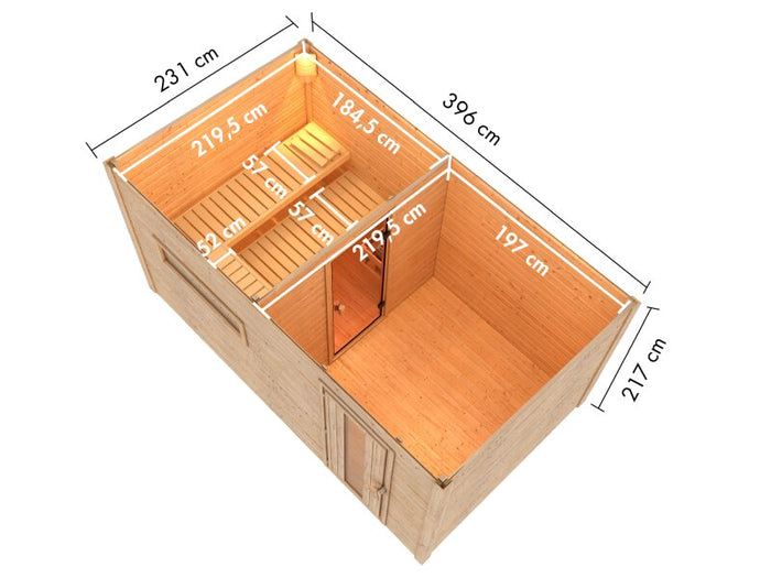 Karibu Saunahaus Hytti 6, inkl. 9 kW Ofen ext. Steuerung HUUM -mit Iso-Tür- Terragrau