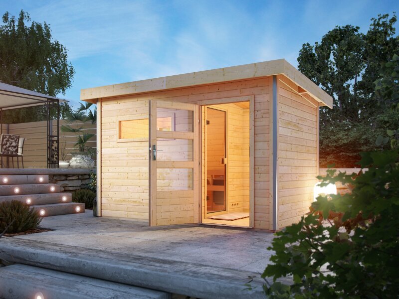 Karibu Saunahaus Skrollan 1 38 mm- 9 kW Ofen ext. Steuerung HUUM- Moderne Tür