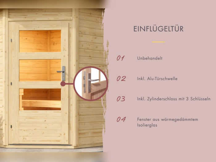 Karibu Saunahaus Skrollan 1 38 mm- 9 kW Ofen ext. Steuerung HUUM- Moderne Tür