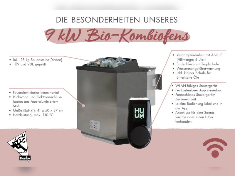 Karibu Saunahaus Skrollan 1 38 mm- 9 kW Bioofen ext. Steuerung HUUM- Moderne Tür