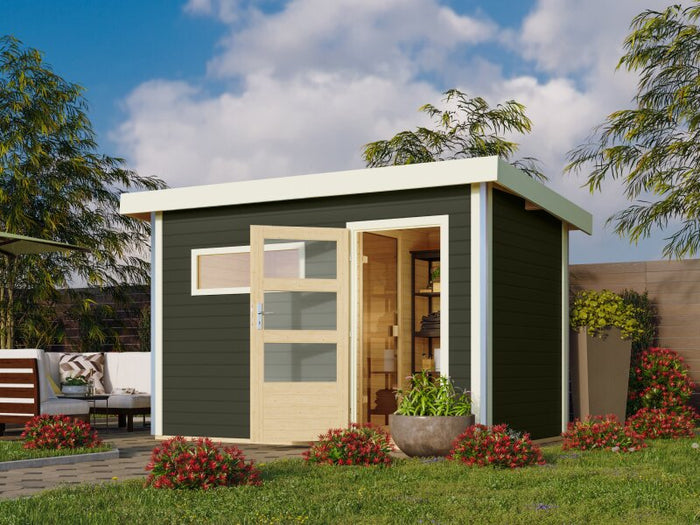 Karibu Saunahaus Skrollan 1 38 mm- 9 kW Ofen ext. Steuerung HUUM- Moderne Tür, Terragrau