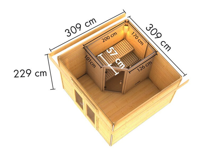 Karibu Saunahaus Mainburg 1 Set A naturbelassen, inkl. 9kW Bioofen ext. Steuerung HUUM