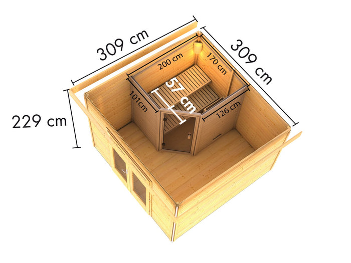 Karibu Saunahaus Mainburg 1 Set A terragrau, inkl. 9kW Bioofen ext. Steuerung HUUM