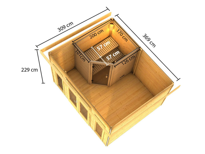 Karibu Saunahaus Mainburg 2 Set A terragrau, inkl. 9 kW Ofen ext. Steuerung HUUM