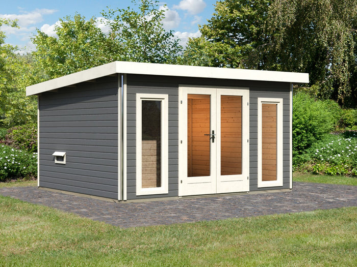 Karibu Saunahaus Mainburg 2 Set A terragrau, inkl. 9 kW Bioofen ext. Steuerung HUUM