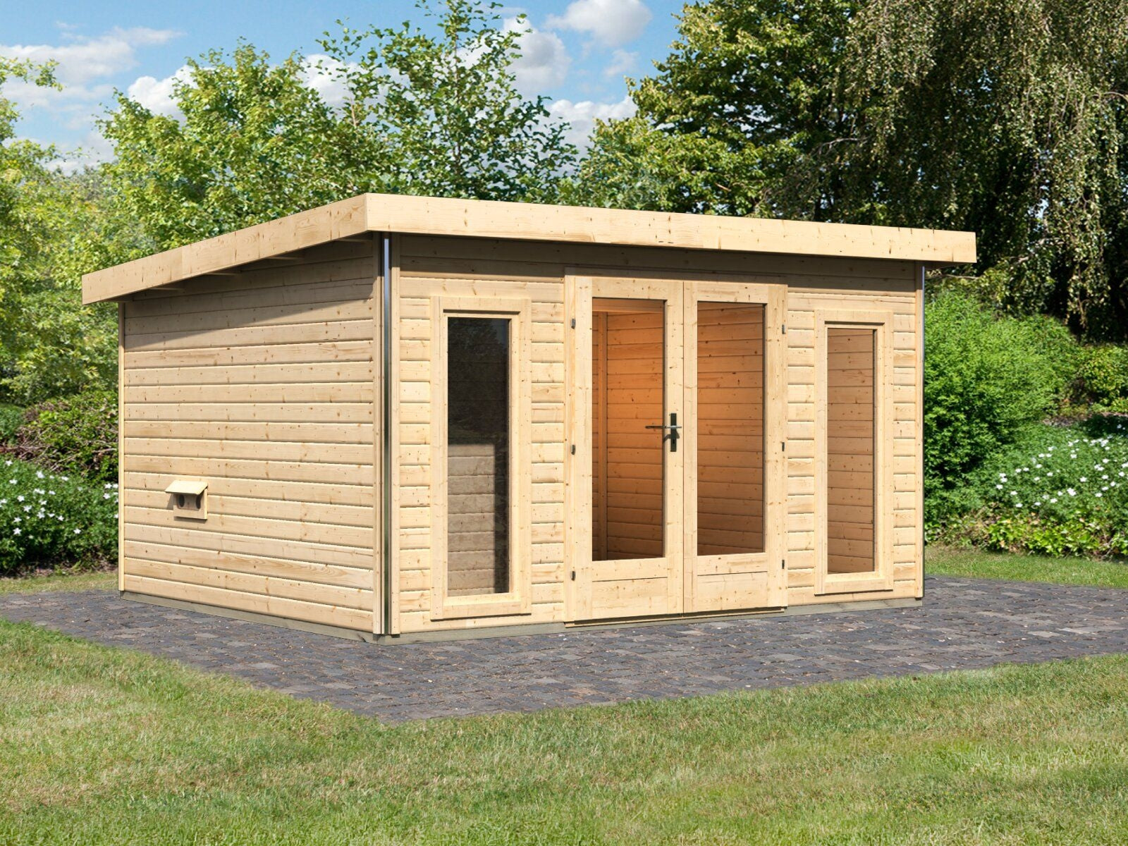 Karibu Saunahaus Mainburg 2 Set B naturbelassen, inkl. 9 kW Bioofen ext. Steuerung HUUM