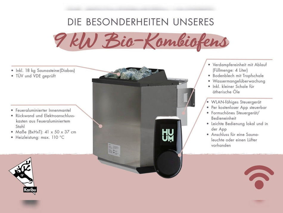 Karibu Saunahaus Mainburg 2 Set B naturbelassen, inkl. 9 kW Bioofen ext. Steuerung HUUM