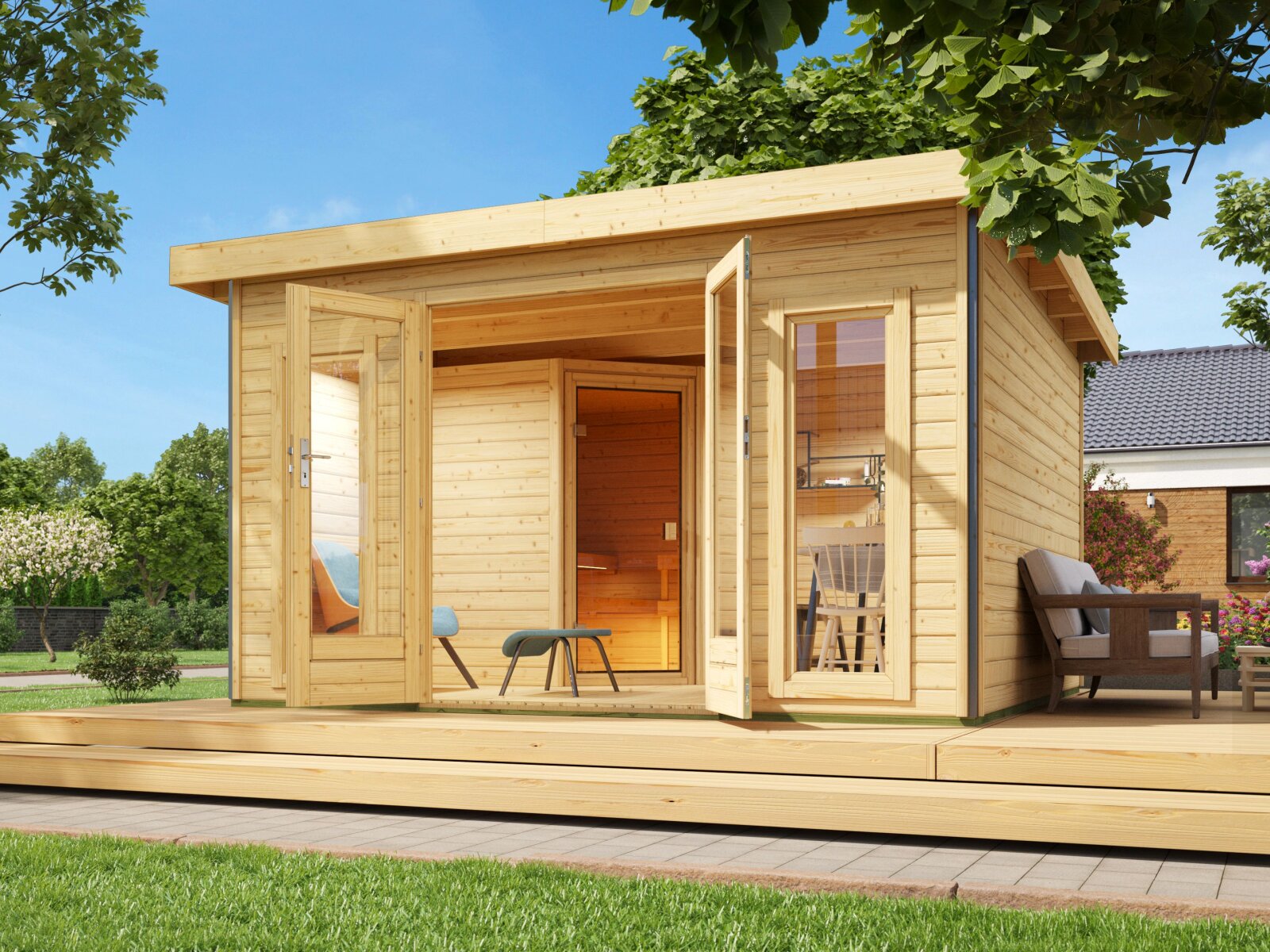 Karibu Saunahaus Mainburg 3 Set A naturbelassen, inkl. 9 kW Bioofen ext. Steuerung HUUM