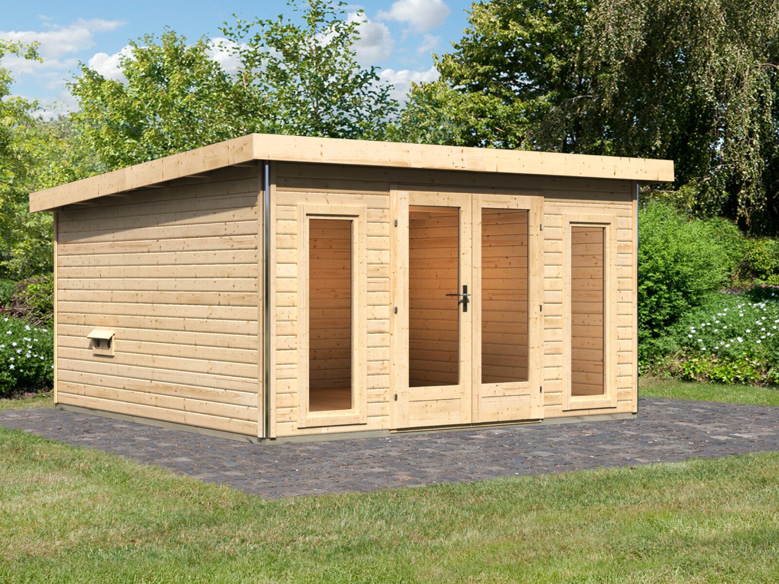 Karibu Saunahaus Mainburg 3 Set B naturbelassen, inkl. 9 kW Ofen ext. Steuerung HUUM