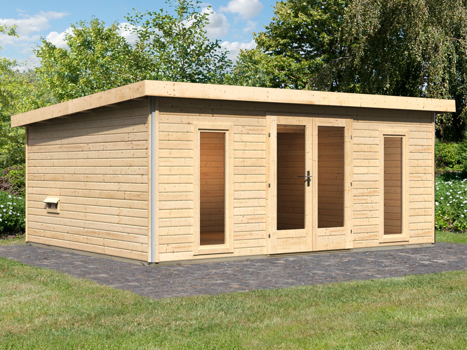 Karibu Saunahaus Mainburg 4 Set A naturbelassen, inkl. 9kW Bioofen ext. Steuerung HUUM