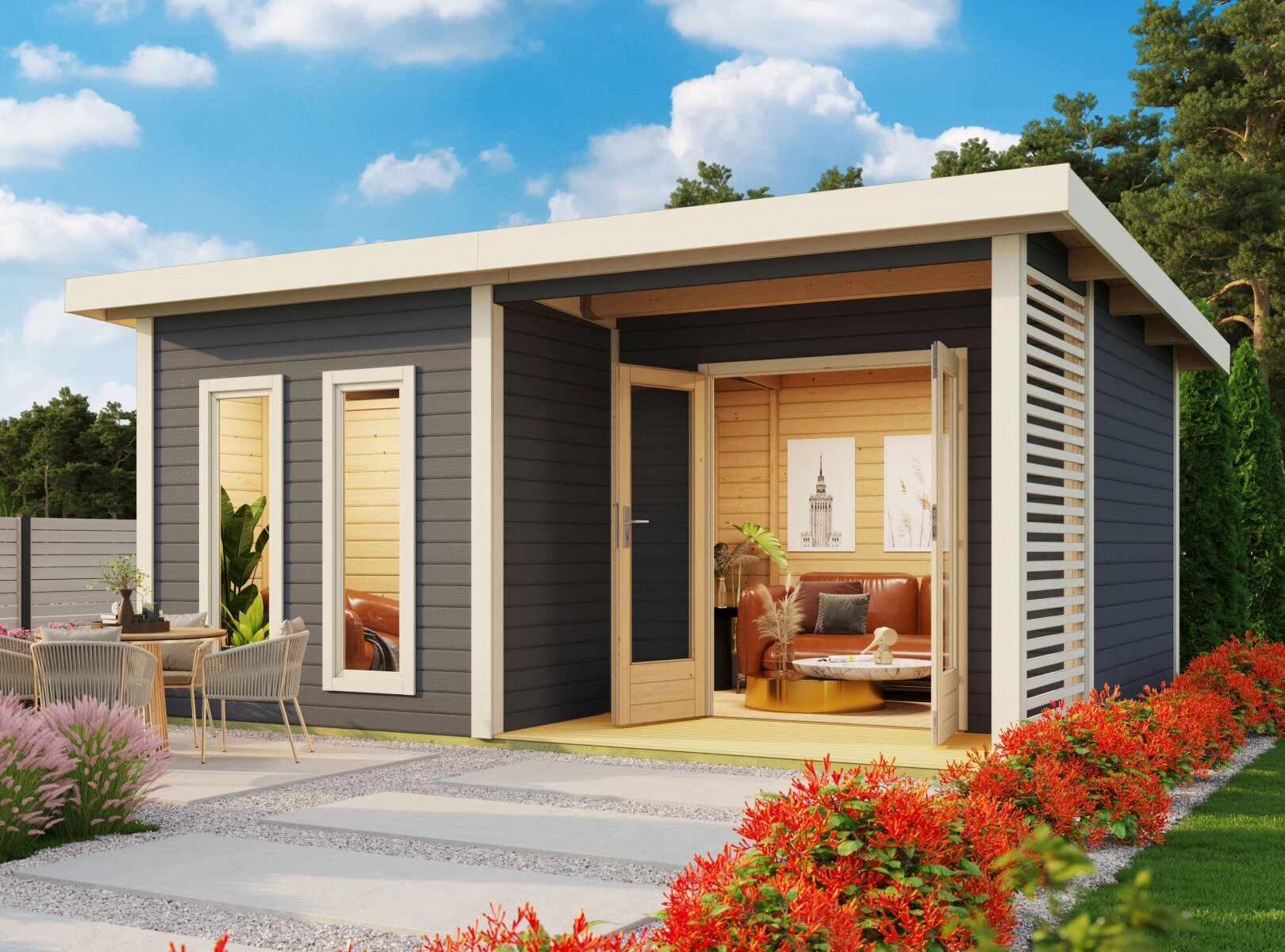 Karibu Saunahaus Mainburg 5 Set A terragrau, inkl. 9 kW Bioofen ext. Steuerung HUUM