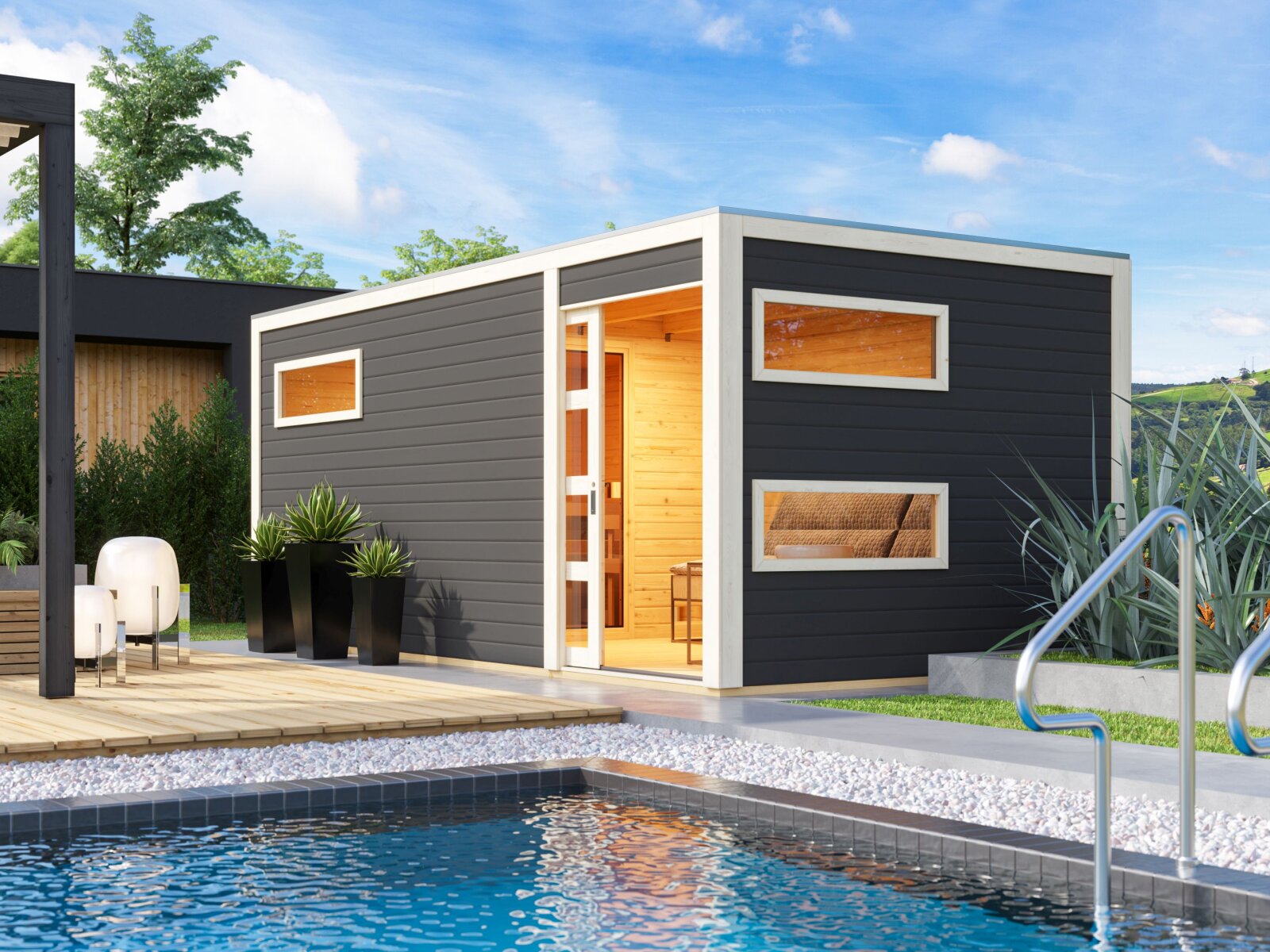 Karibu Saunahaus Hygge 38 mm- terragrau- inkl. 9 kW Ofen ext. Steuerung Wifi HUUM