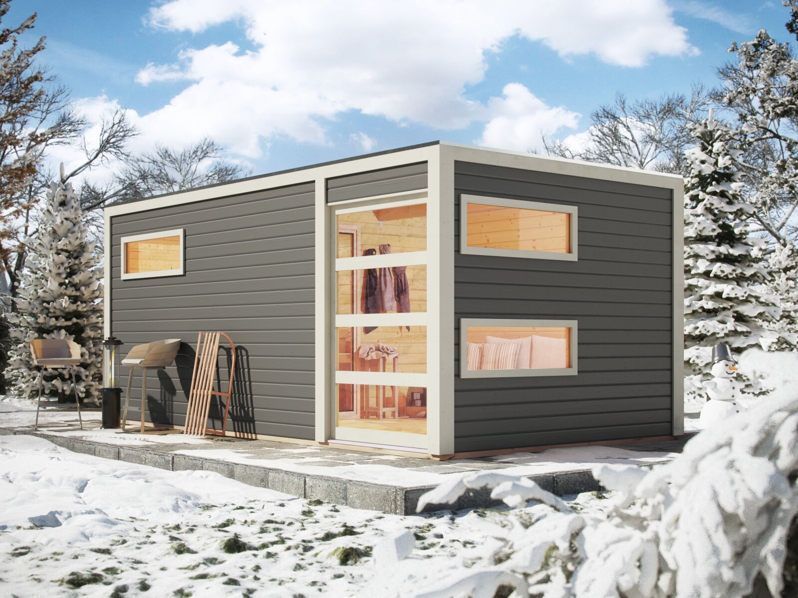 Karibu Saunahaus Hygge 38 mm- terragrau- inkl. 9 kW Ofen ext. Steuerung Wifi HUUM