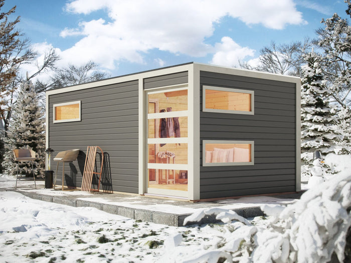 Karibu Saunahaus Hygge 38 mm- terragrau, inkl. 9 kW Bioofen ext. Steuerung Wifi HUUM