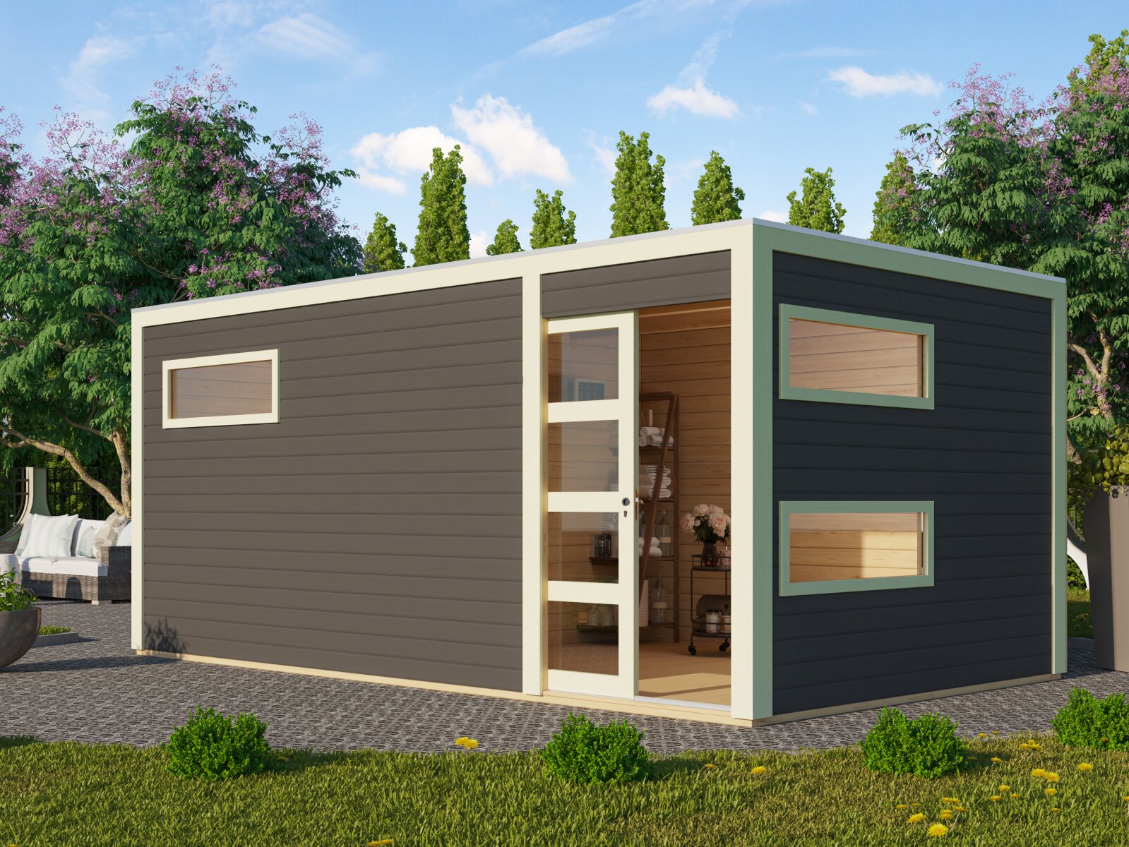 Karibu Saunahaus Hygge 38 mm- terragrau, inkl. 9 kW Bioofen ext. Steuerung Wifi HUUM