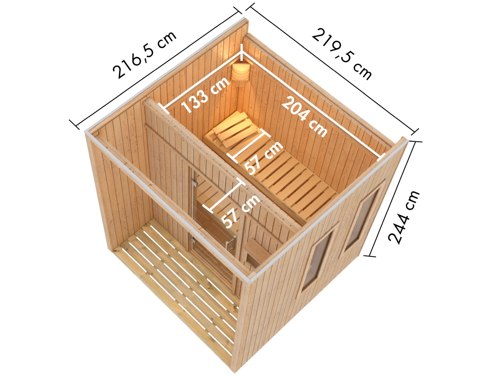 Karibu Saunahaus Arcadia, natur, 73 mm -inkl. 9 kW Ofen ext. Steuerung Wifi HUUM