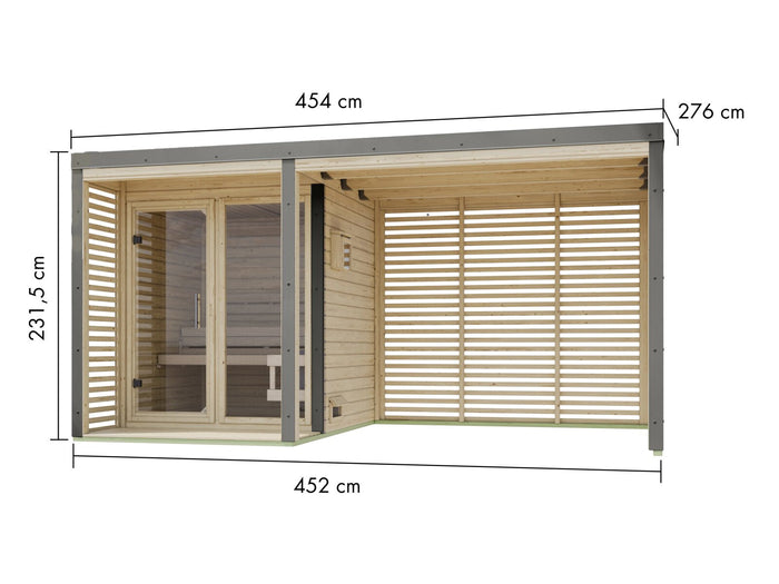 Karibu Hybrid Saunahaus Ares 1, inkl. Anbaudach in naturbelassen/graualuminium -ohne Ofen-