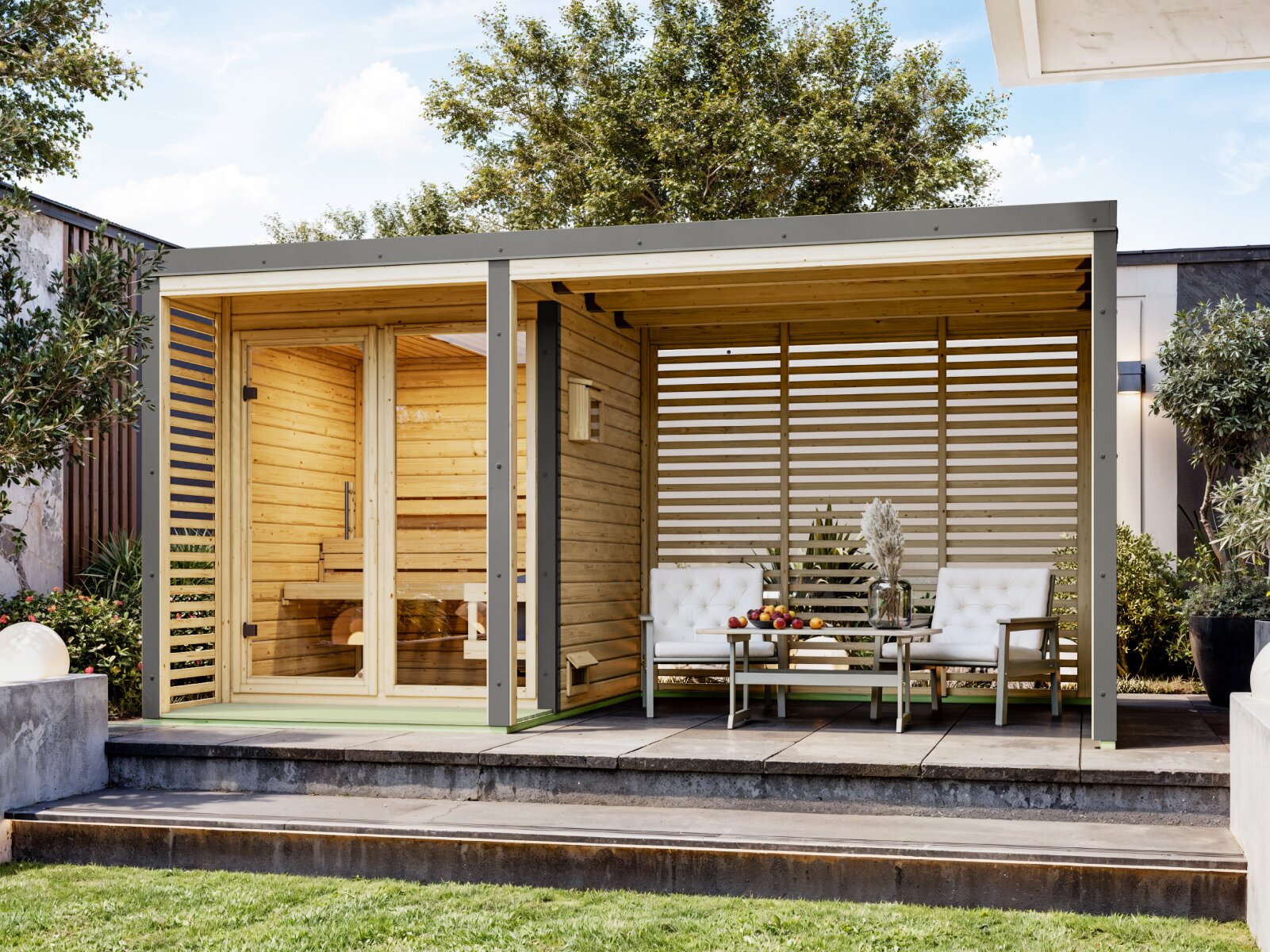 Karibu Hybrid Saunahaus Ares 1, mit Anbaudach in naturbelassen/graualuminium, inkl. 9 kW Ofen ext. Steuerung Wifi HUUM