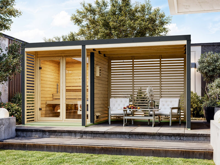 Karibu Hybrid Saunahaus Ares 1, inkl. Anbaudach in naturbelassen/anthrazit -ohne Ofen-