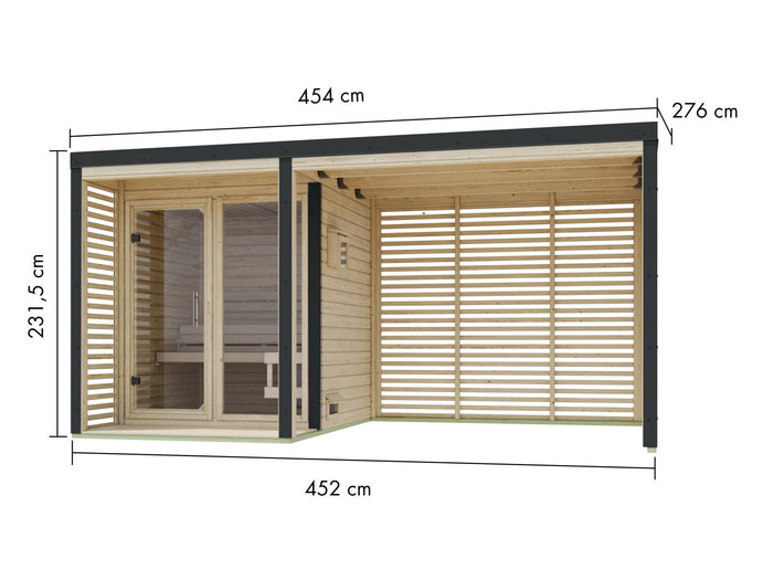 Karibu Hybrid Saunahaus Ares 1, mit Anbaudach in naturbelassen/anthrazit, inkl. 9 kW Bioofen ext. Steuerung Wifi HUUM