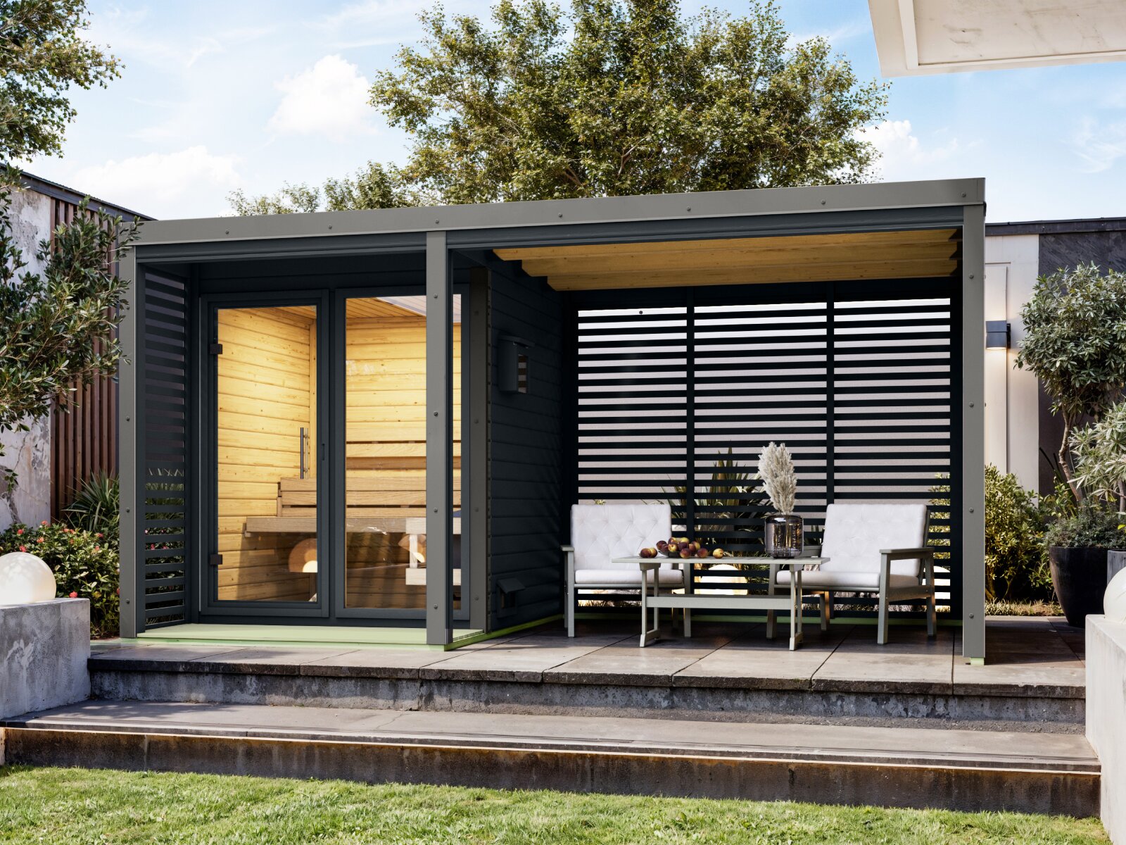 Karibu Hybrid Saunahaus Ares 1, mit Anbaudach in anthrazit/graualuminium, inkl. 9 kW Ofen ext. Steuerung easy